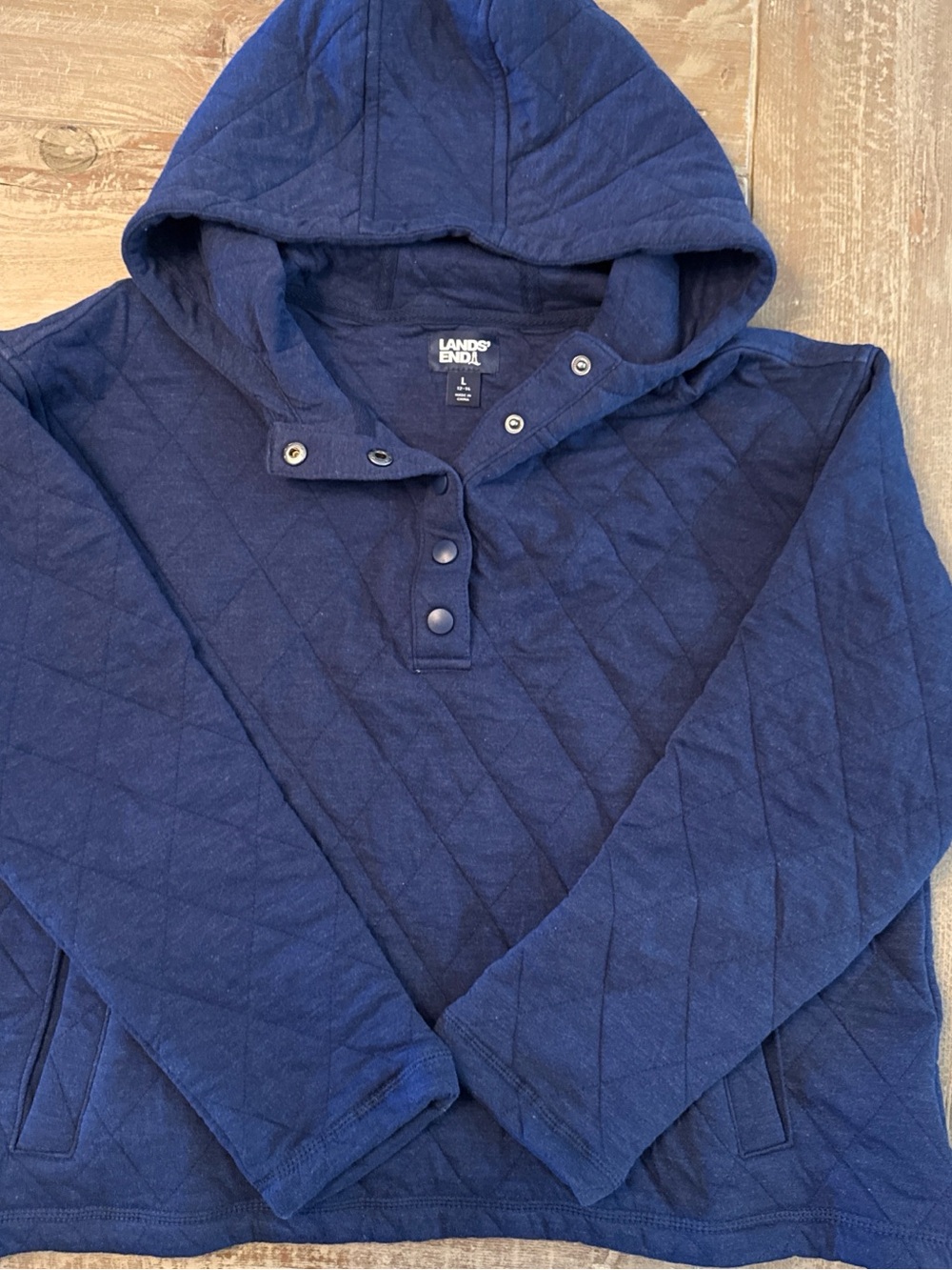 Lands' End Quilted Hooded Snap-Placket Pullover Jacket - Navy